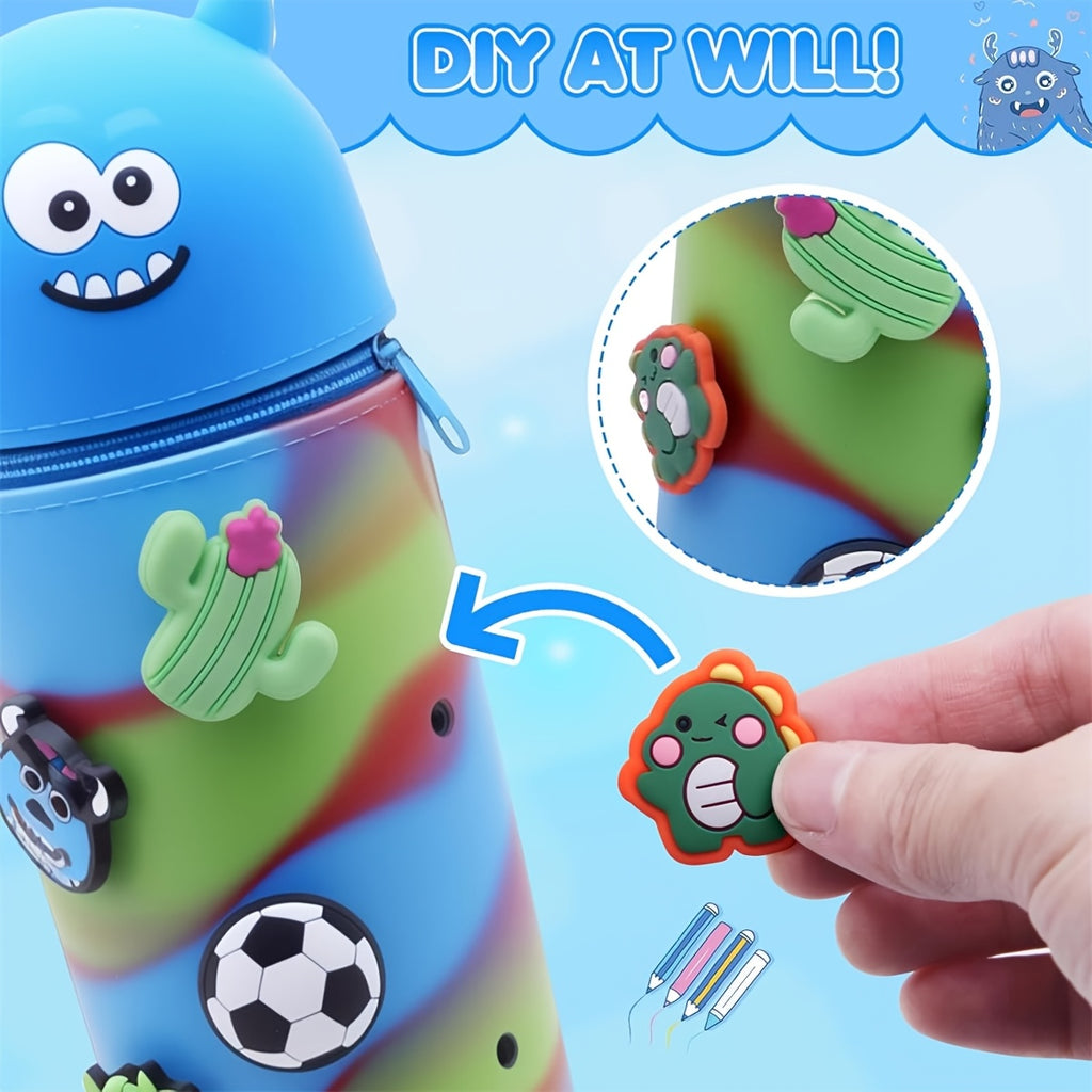 Silicone Pencil Case, 2-in-1 Cute Blue Monster Stationery Pouch, Multi-functional Design, Large Capacity Zippered Roll-up Pen Bag, Expandable Silicone Desktop Pencil Holder, Creative School Supplies