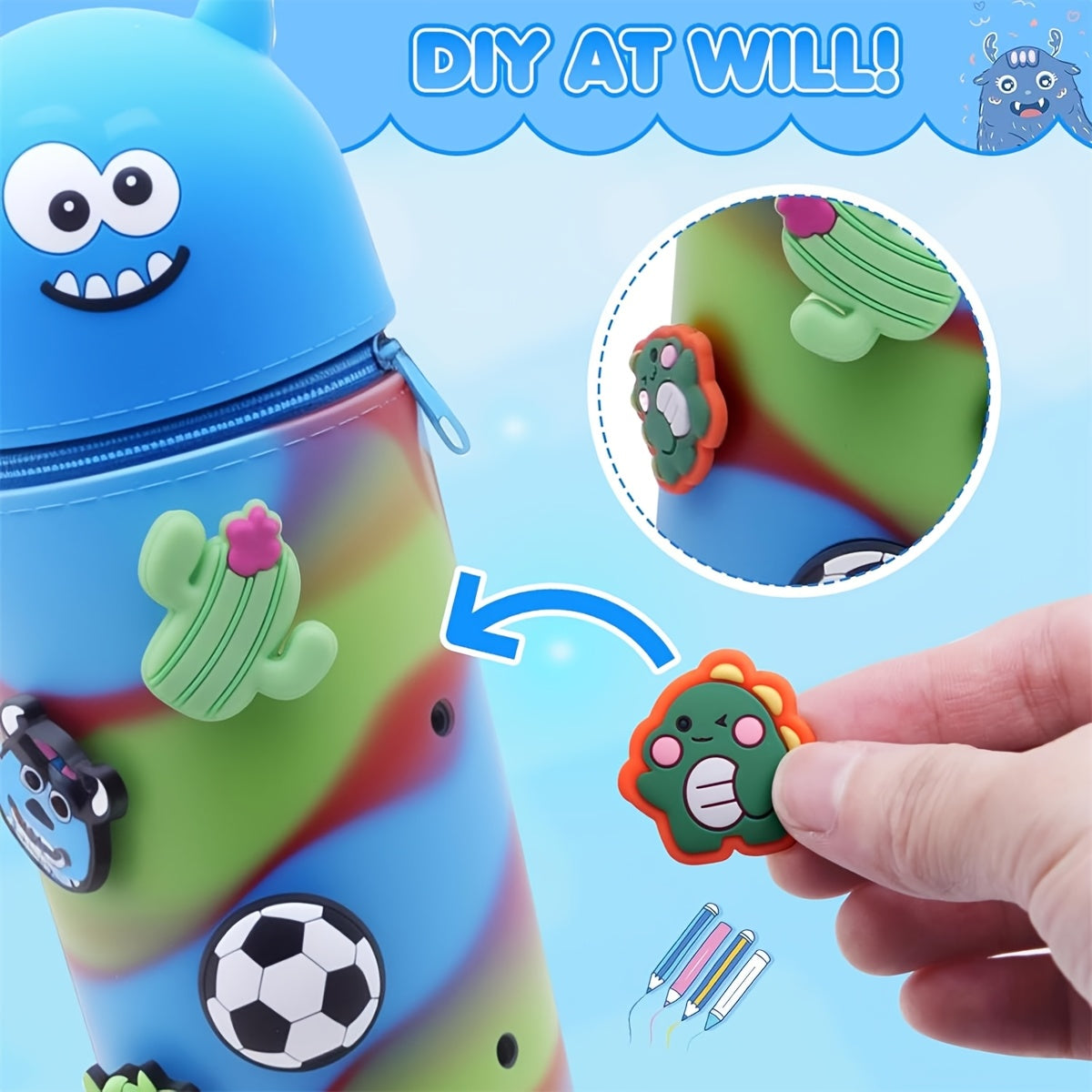 Silicone Pencil Case, 2-in-1 Cute Blue Monster Stationery Pouch, Multi-functional Design, Large Capacity Zippered Roll-up Pen Bag, Expandable Silicone Desktop Pencil Holder, Creative School Supplies