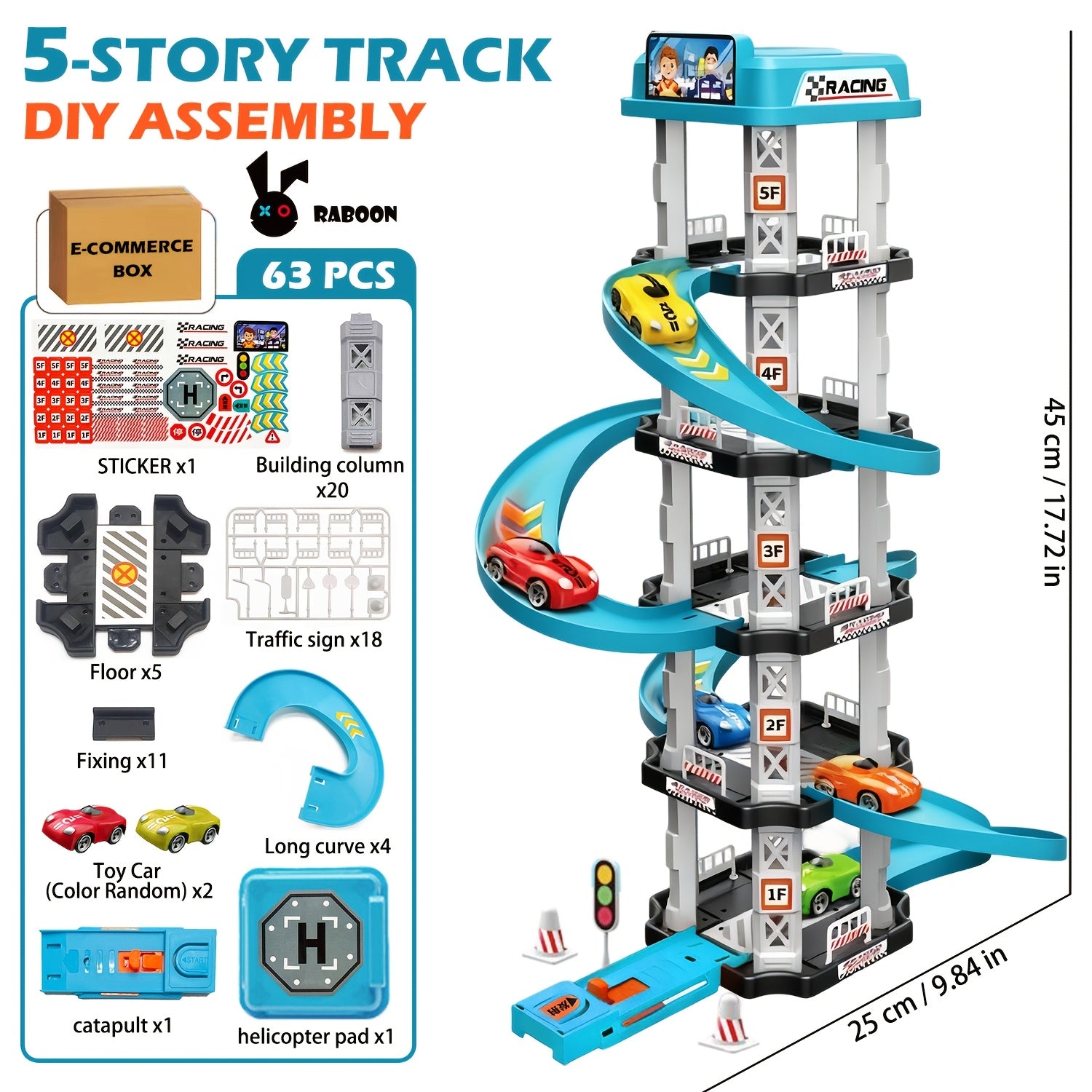 Five-Level 3D Parking Garage Track Set with 2 Race Cars, Launcher, Curved Drift Track, and Helicopter Landing Pad, DIY Assembly Educational Toy for Parent-Child Interaction and Hand-Eye Coordination, Ideal Birthday and Christ