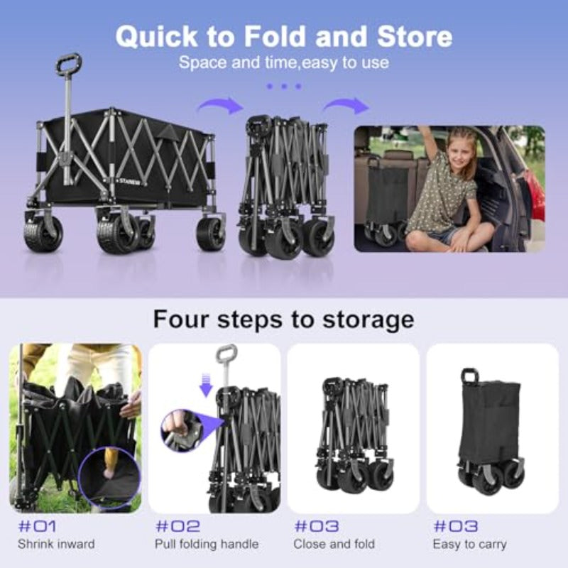 Heavy-Duty Collapsible Utility Wagon Cart - Foldable -Terrain Trolley Suitable for Garden, Beach & Picnic with Adjustable Handle, Brakes, Capacity for Groceries, Lawn Equipment, Outdoor Transport - Portable Cart for Desert, M