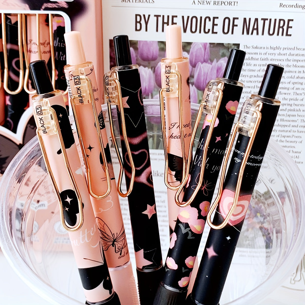 6-Pack High-Quality Metal Barrel Ballpoint Pens, New Year Gift, 0.5mm Black Click Pens, Black Frost Butterfly Design