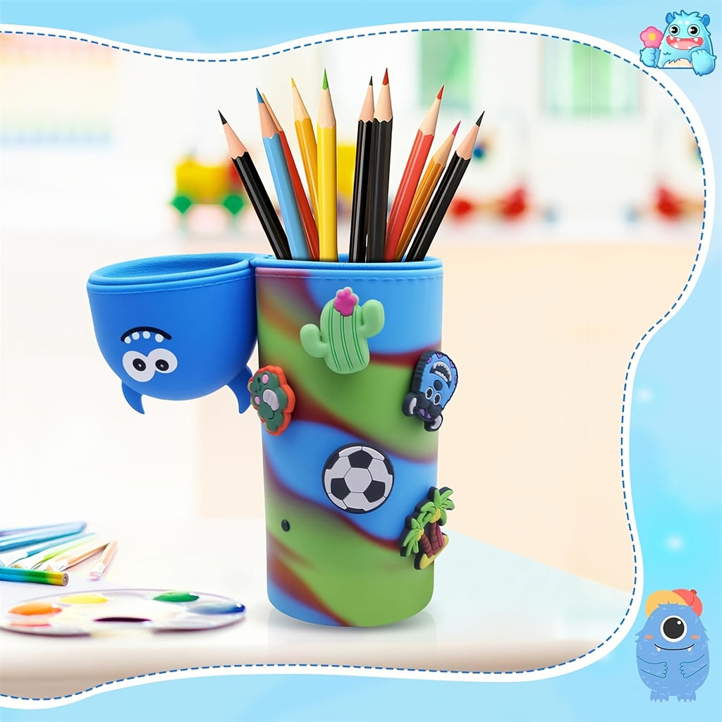 Silicone Pencil Case, 2-in-1 Cute Blue Monster Stationery Pouch, Multi-functional Design, Large Capacity Zippered Roll-up Pen Bag, Expandable Silicone Desktop Pencil Holder, Creative School Supplies