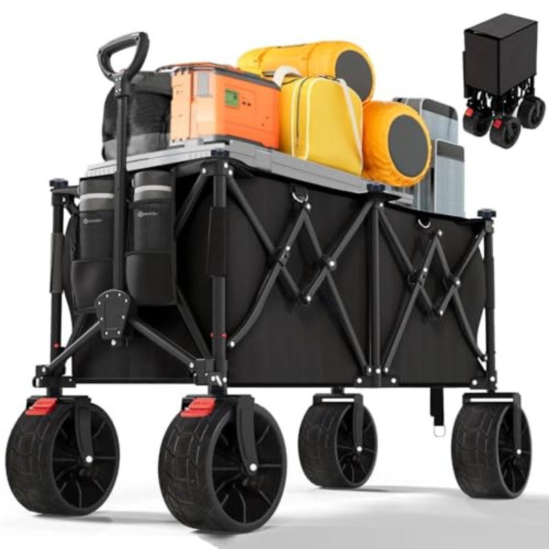 260L Heavy Duty Collapsible Utility Wagon | Foldable Garden/Beach Cart with 199.58KG Weight Capacity, Adjustable Handle, Mesh Cup Holder, and Brakes, Iron and Plastic Construction, No Electricity Required