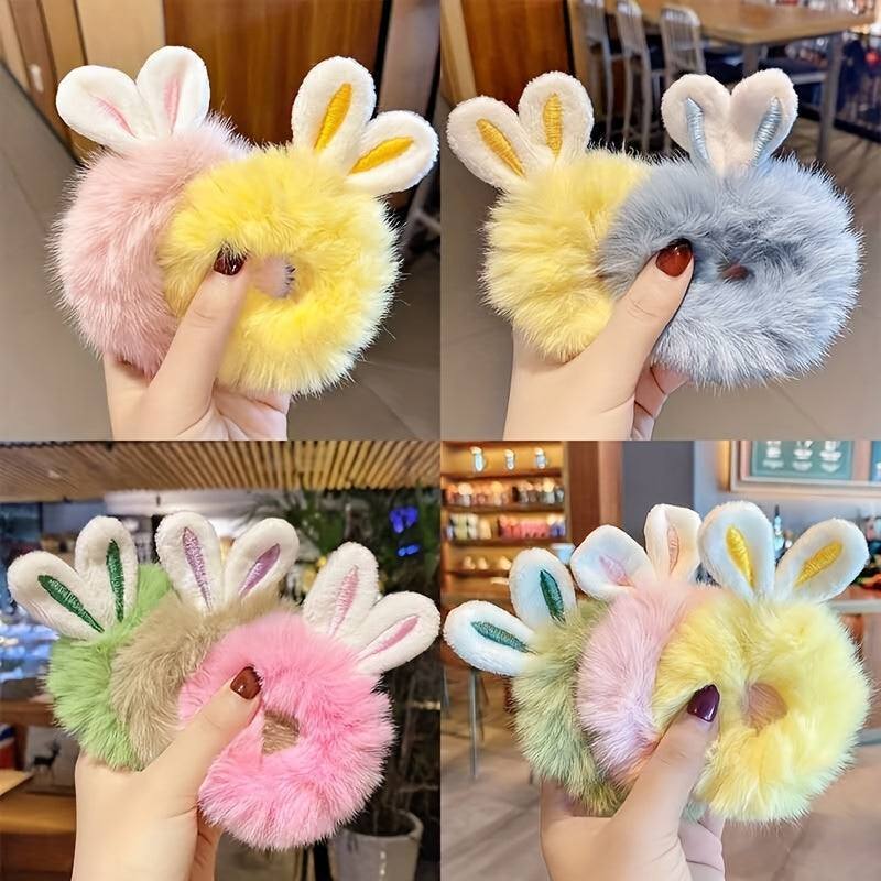7pcs Plush Rabbit Ear Hair Ties, Animal Pattern Elastic Rubber Bands for Teens, Fashionable Hair Accessories for Hairstyling