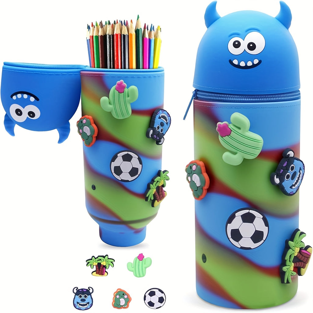 Silicone Pencil Case, 2-in-1 Cute Blue Monster Stationery Pouch, Multi-functional Design, Large Capacity Zippered Roll-up Pen Bag, Expandable Silicone Desktop Pencil Holder, Creative School Supplies