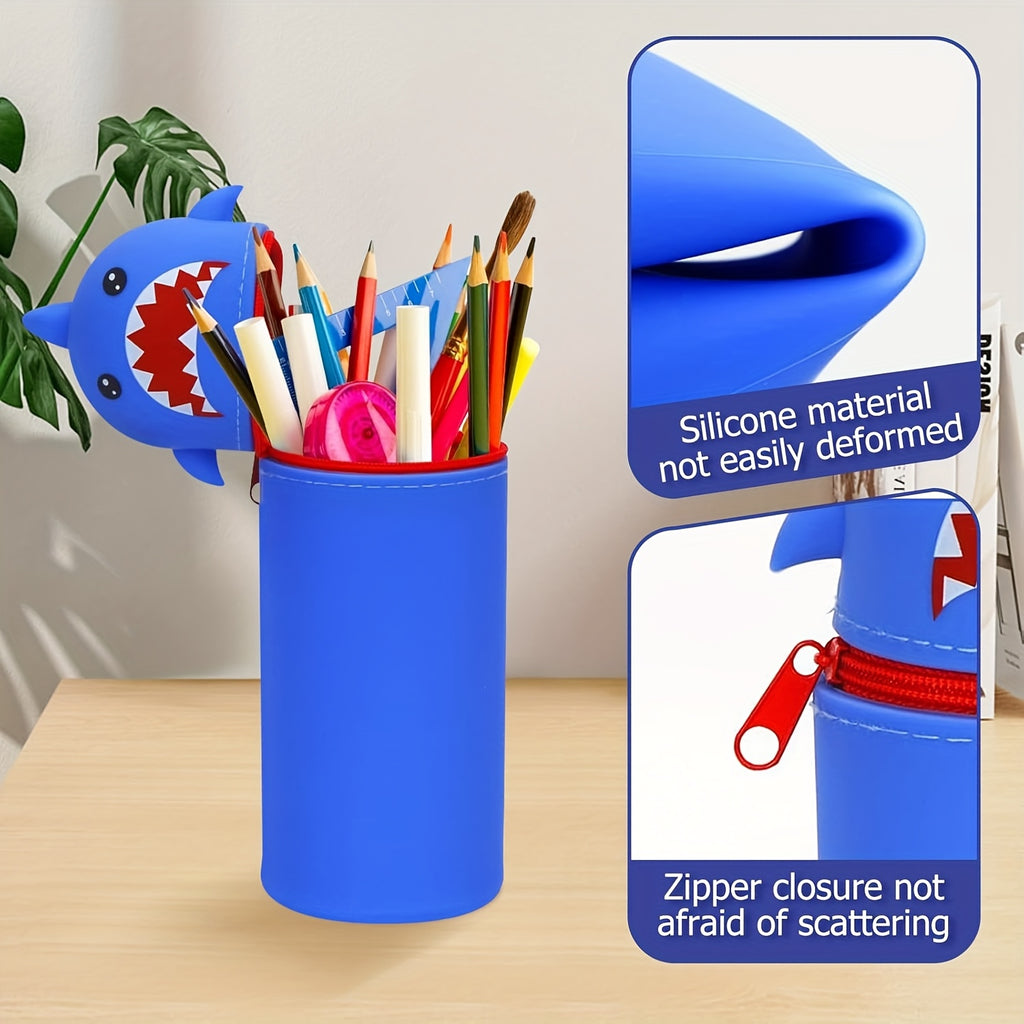 Large Capacity 2-in-1 Silicone Pencil Case & Pen Holder, Cute Animal Design Multifunctional Zippered Stationery Pouch