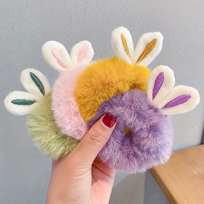 7pcs Plush Rabbit Ear Hair Ties, Animal Pattern Elastic Rubber Bands for Teens, Fashionable Hair Accessories for Hairstyling