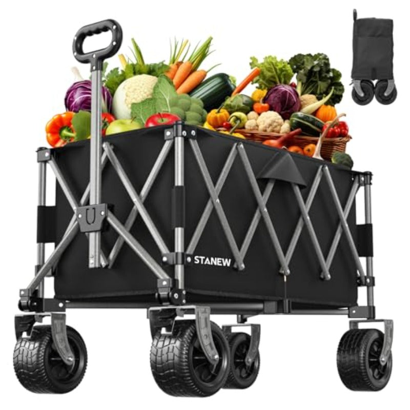 Heavy-Duty Collapsible Utility Wagon Cart - Foldable -Terrain Trolley Suitable for Garden, Beach & Picnic with Adjustable Handle, Brakes, Capacity for Groceries, Lawn Equipment, Outdoor Transport - Portable Cart for Desert, M