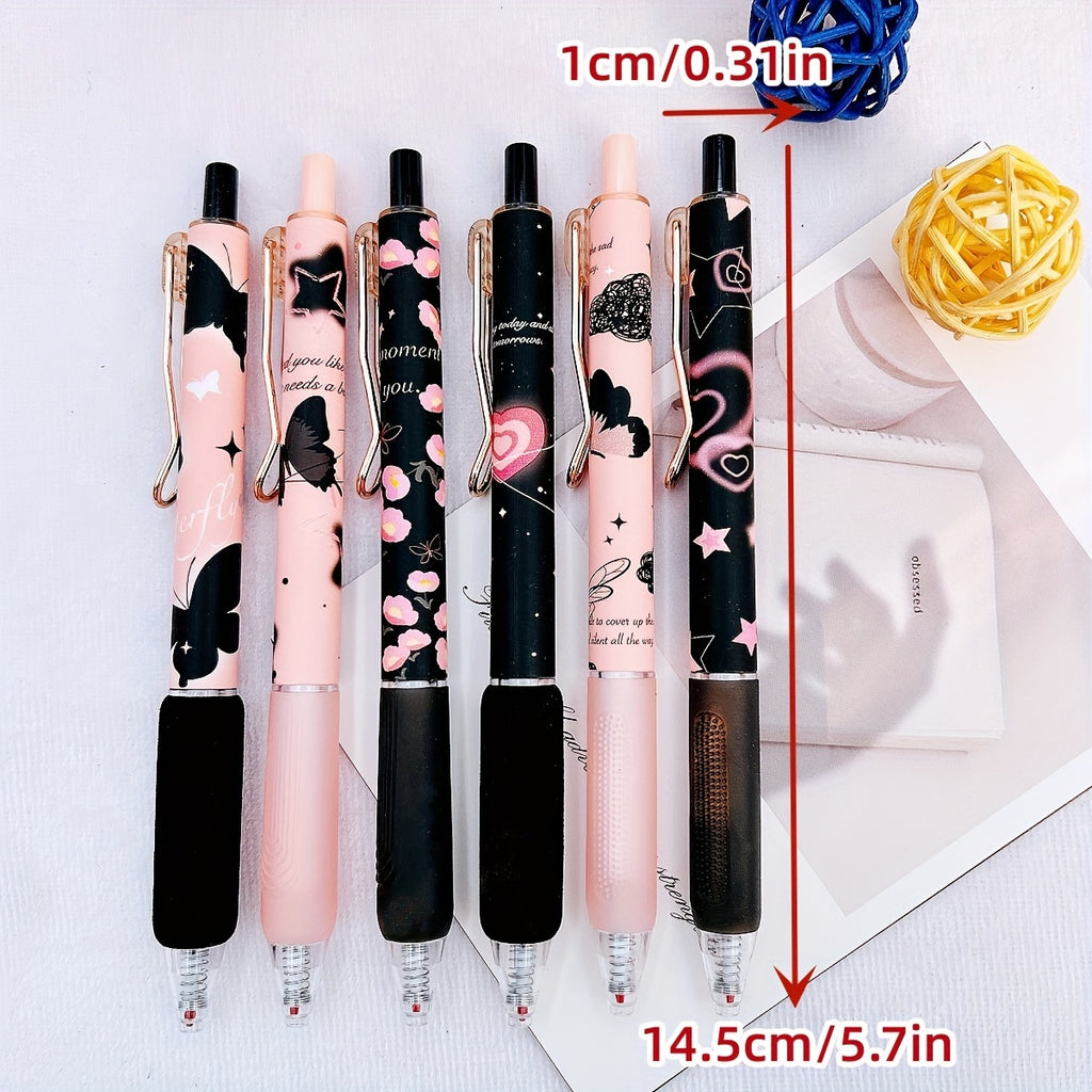 6-Pack High-Quality Metal Barrel Ballpoint Pens, New Year Gift, 0.5mm Black Click Pens, Black Frost Butterfly Design