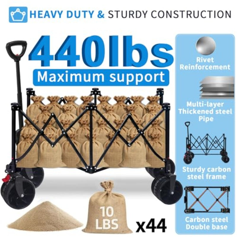 260L Heavy Duty Collapsible Utility Wagon | Foldable Garden/Beach Cart with 199.58KG Weight Capacity, Adjustable Handle, Mesh Cup Holder, and Brakes, Iron and Plastic Construction, No Electricity Required