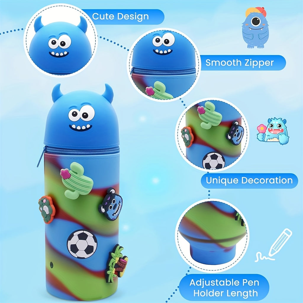 Silicone Pencil Case, 2-in-1 Cute Blue Monster Stationery Pouch, Multi-functional Design, Large Capacity Zippered Roll-up Pen Bag, Expandable Silicone Desktop Pencil Holder, Creative School Supplies