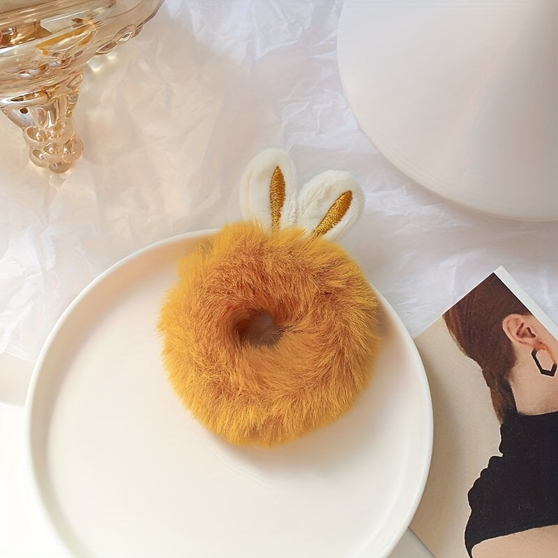 7pcs Plush Rabbit Ear Hair Ties, Animal Pattern Elastic Rubber Bands for Teens, Fashionable Hair Accessories for Hairstyling