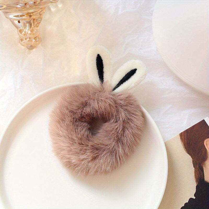 7pcs Plush Rabbit Ear Hair Ties, Animal Pattern Elastic Rubber Bands for Teens, Fashionable Hair Accessories for Hairstyling