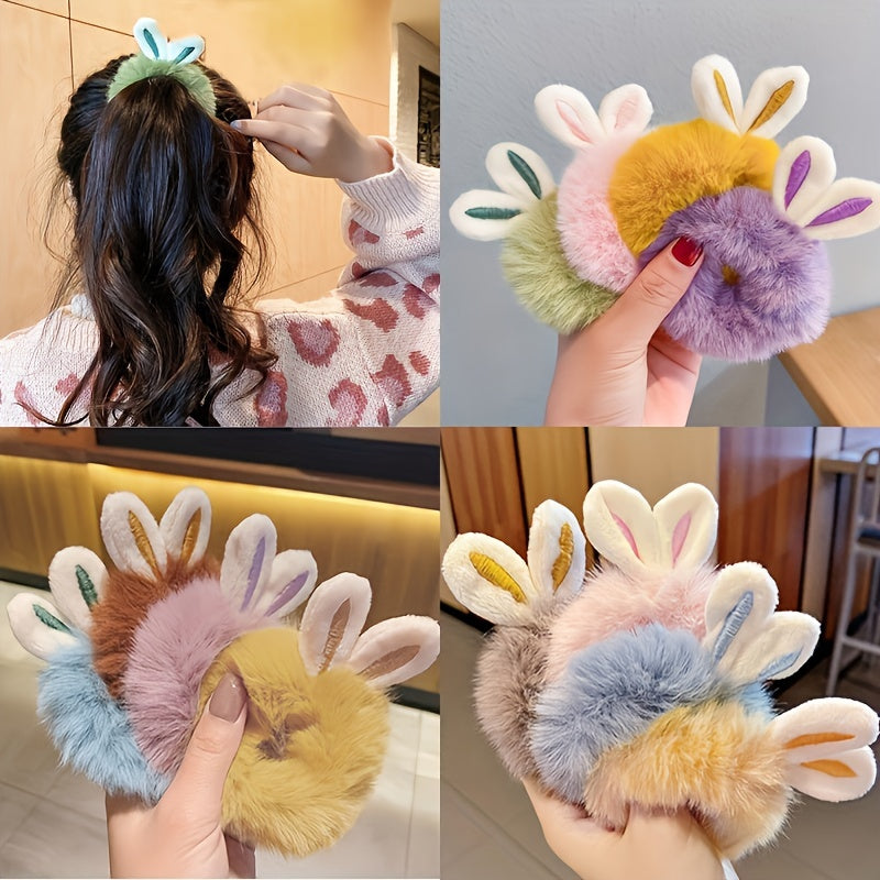 7pcs Plush Rabbit Ear Hair Ties, Animal Pattern Elastic Rubber Bands for Teens, Fashionable Hair Accessories for Hairstyling