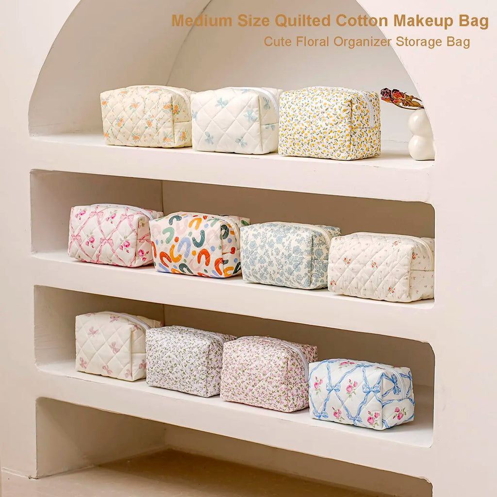 Storage - Organizer Floral Puffy Quilted Makeup Bag Flower Printed Cosmetic Pouch Large Travel Cosmetic Bag Make up Aesthetic