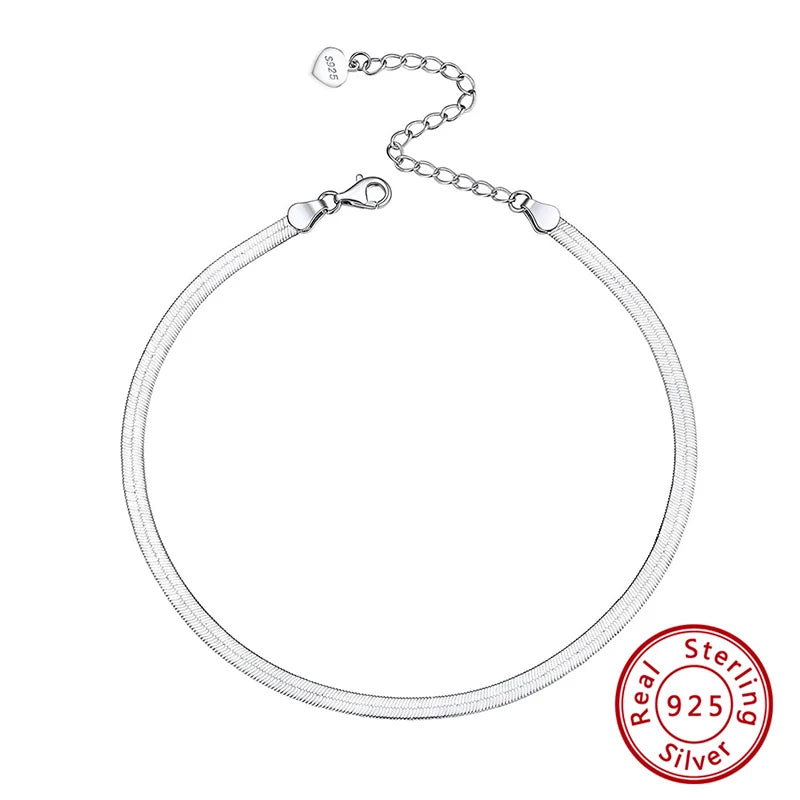 Venara - 
KISS MANDY 925 Sterling Silver 3.5mm Punk Herringbone Blade Chain Anklet for Women Flat Snake Chain Foot Barefoot Anklets SA12