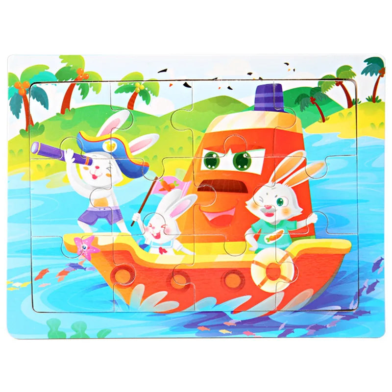 15*11cm 12pcs Wood Puzzle Kids Educational Toys Cartoon Animal/Traffic 3dD Wooden Puzzle Jigsaw Toys For Children Gifts