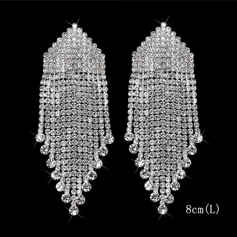 Brillessa - BLIJERY Bling Rhinestone Crystal Long Tassel Drop Earrings for Women Big Hanging Dangle Earrings Brincos Bridal Wedding Jewelry