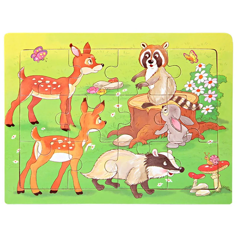 15*11cm 12pcs Wood Puzzle Kids Educational Toys Cartoon Animal/Traffic 3dD Wooden Puzzle Jigsaw Toys For Children Gifts