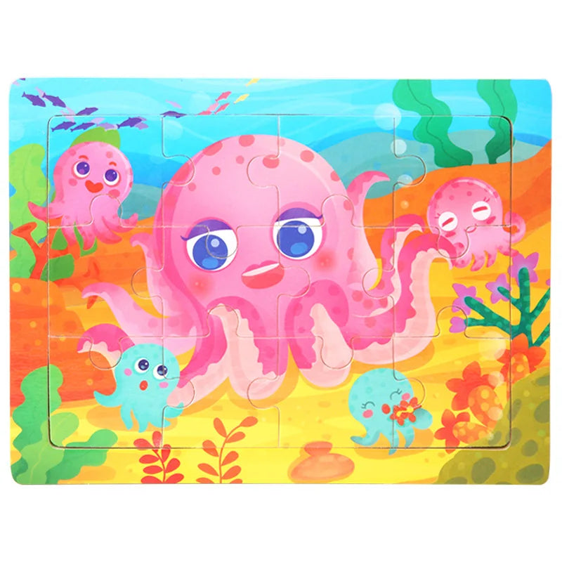 15*11cm 12pcs Wood Puzzle Kids Educational Toys Cartoon Animal/Traffic 3dD Wooden Puzzle Jigsaw Toys For Children Gifts