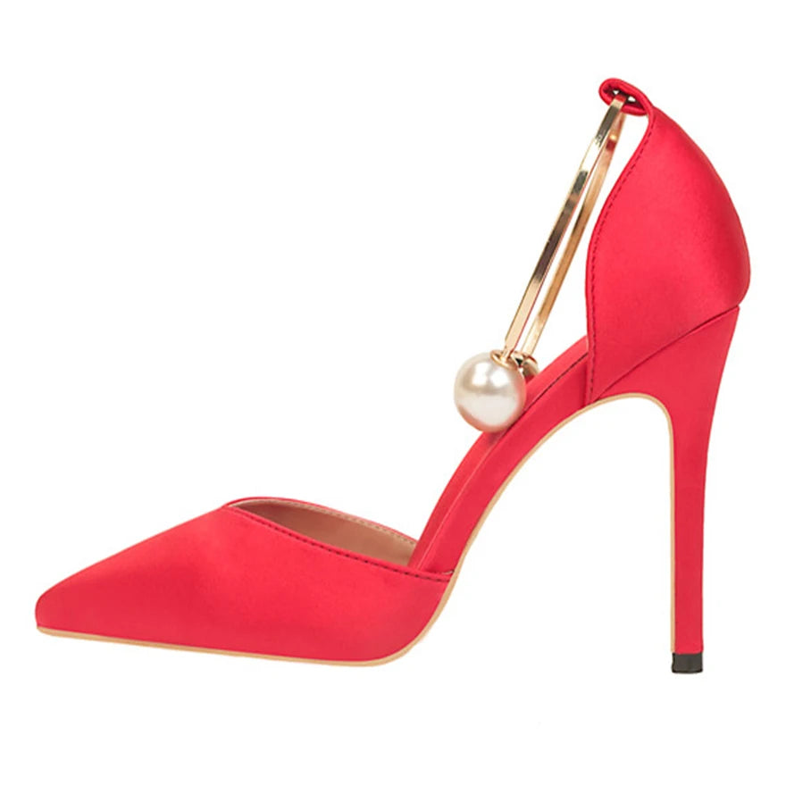 Pearl Metal - Buckle High Heels Women Sandals Korean Fashion Soft Silk Pointed Ladies Shoes Party Sandals Shallow