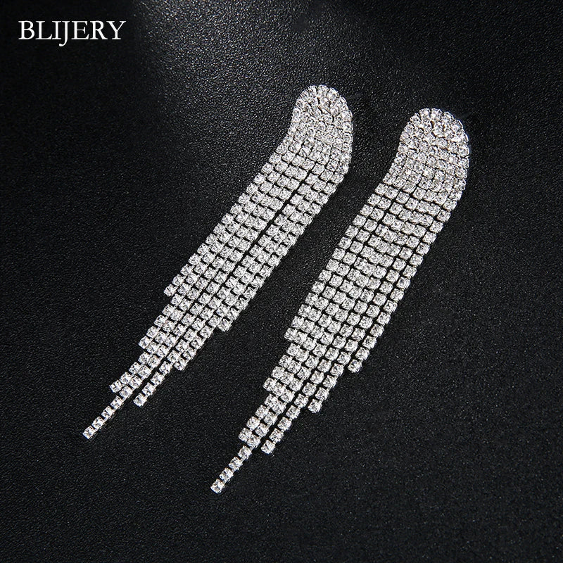 Brillessa - BLIJERY Bling Rhinestone Crystal Long Tassel Drop Earrings for Women Big Hanging Dangle Earrings Brincos Bridal Wedding Jewelry