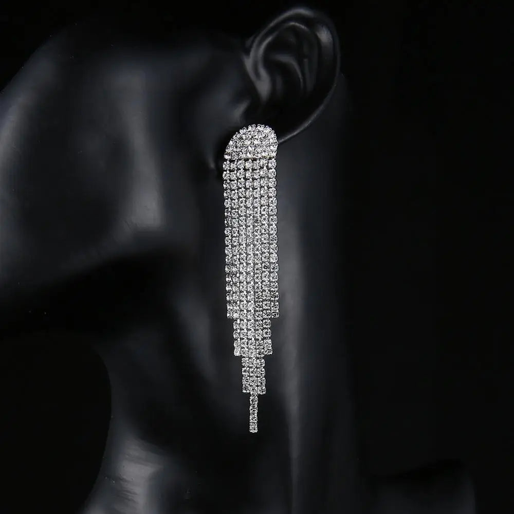 Brillessa - BLIJERY Bling Rhinestone Crystal Long Tassel Drop Earrings for Women Big Hanging Dangle Earrings Brincos Bridal Wedding Jewelry