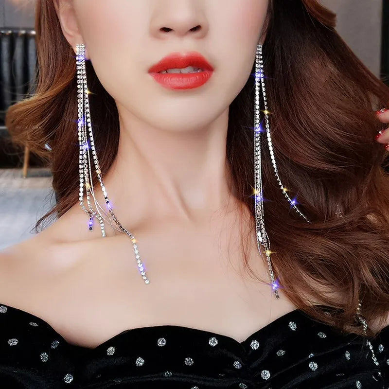 Brillessa - BLIJERY Bling Rhinestone Crystal Long Tassel Drop Earrings for Women Big Hanging Dangle Earrings Brincos Bridal Wedding Jewelry