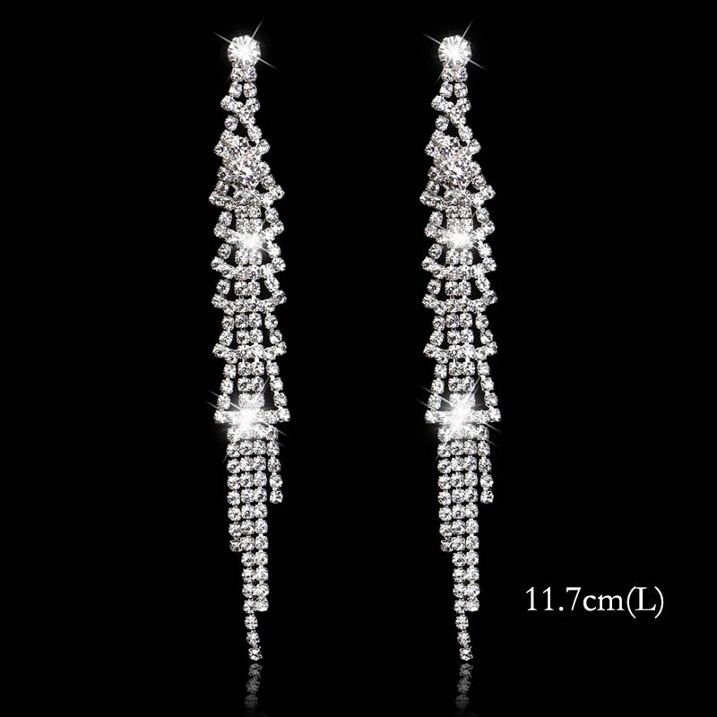 Brillessa - BLIJERY Bling Rhinestone Crystal Long Tassel Drop Earrings for Women Big Hanging Dangle Earrings Brincos Bridal Wedding Jewelry