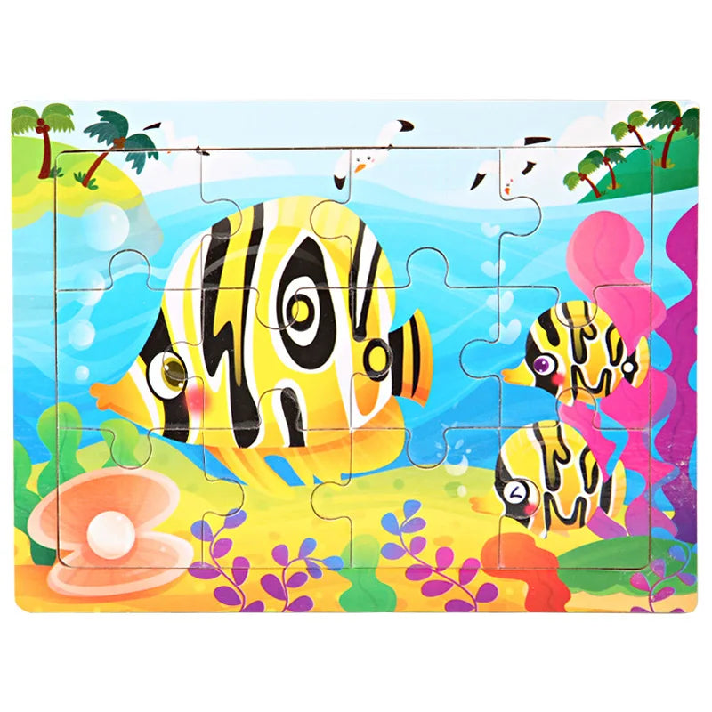 15*11cm 12pcs Wood Puzzle Kids Educational Toys Cartoon Animal/Traffic 3dD Wooden Puzzle Jigsaw Toys For Children Gifts