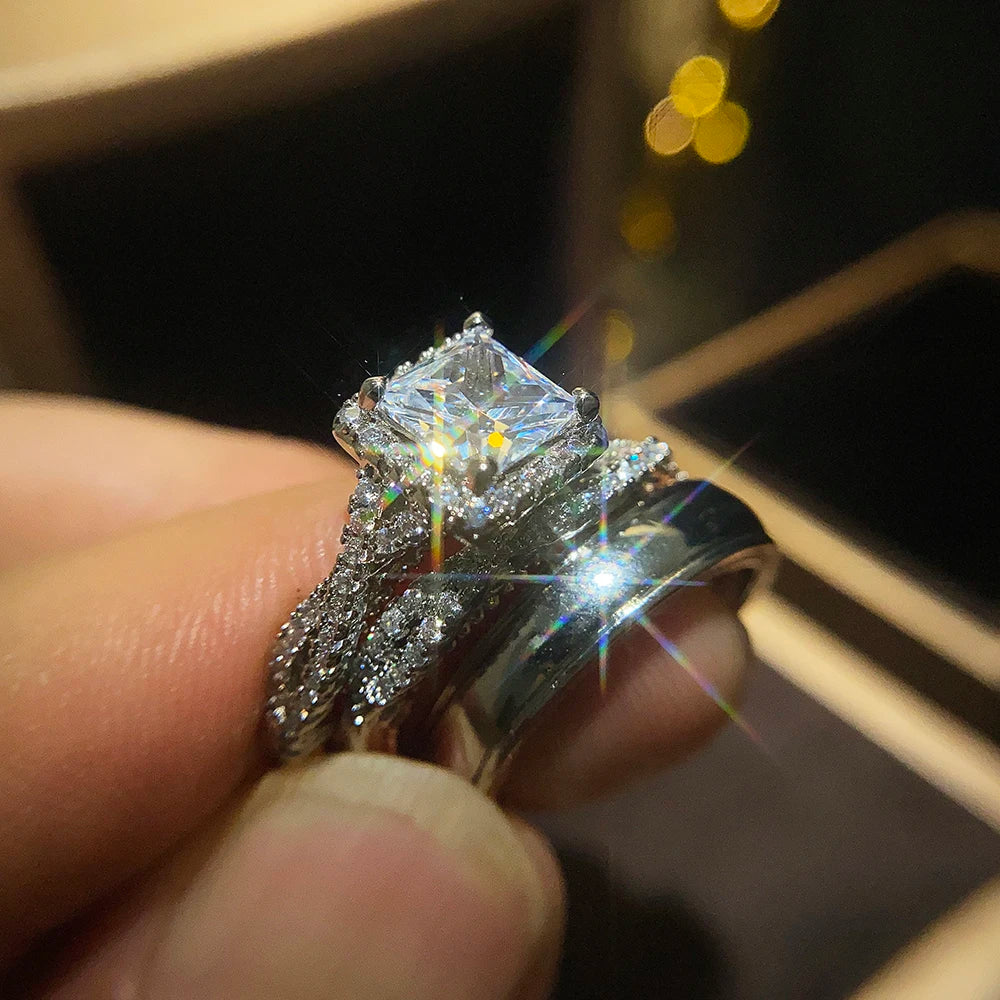 Eternia - 
Huitan Luxury Princess Cut Cubic Zircon Bridal Marriage Set Rings Elegant Accessories Brilliant Women Men Wedding Trendy Jewelry