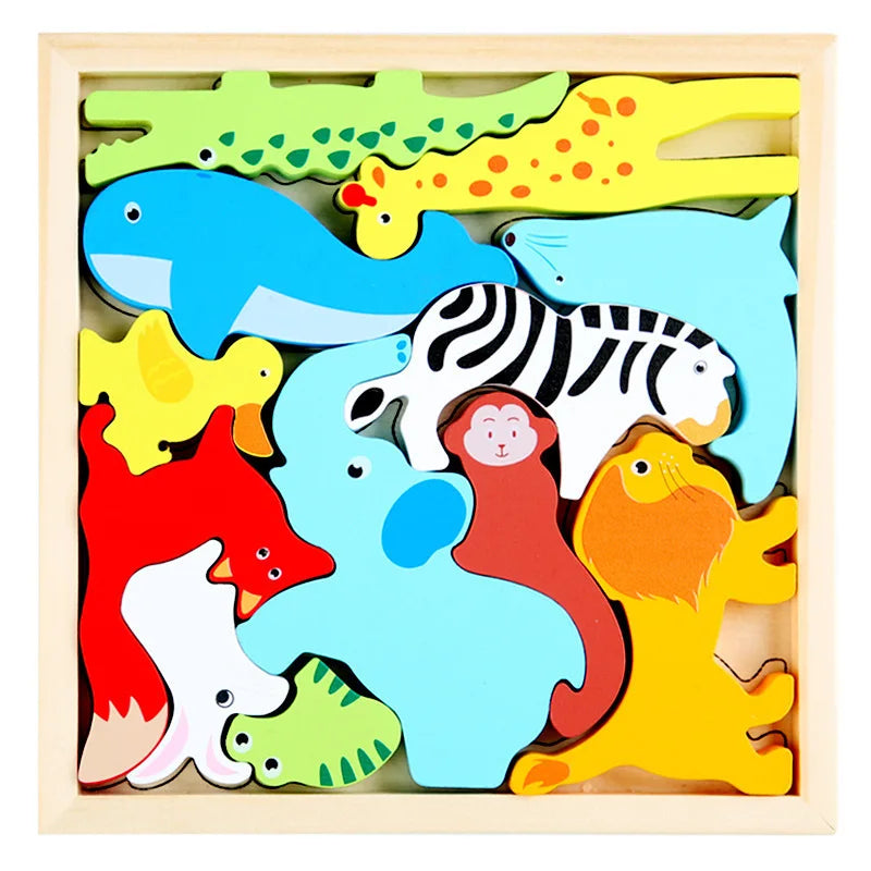 Children Montessori Wooden Toys Block Cartoon Animal Three-dimensional Jigsaw Puzzle Early Education Grab Board  3d Puzzle Toys
