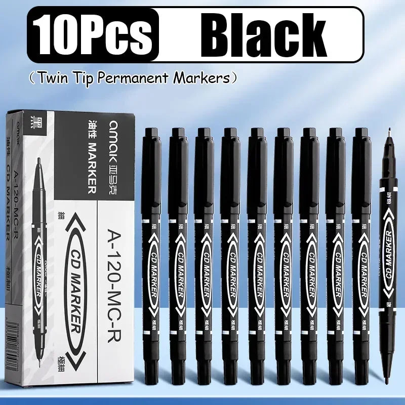 10Pcs Double Tip Permanent Markers Pens Waterproof Oily Fine Tip Black Painting Marker Graffiti Marking Pens School Supplies