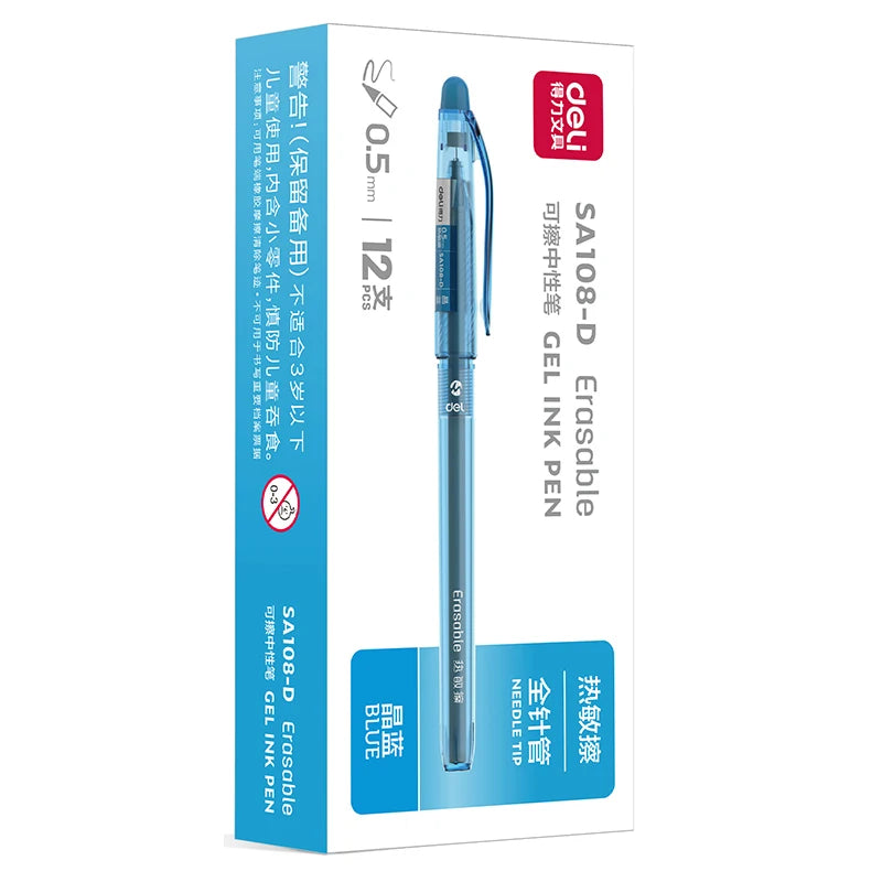 Deli Erasable Gel Pen 0.5mm Needle Tip Friction Erasable Black Blue Ink Smooth Writing No Smear School Office Supplies SA108-D