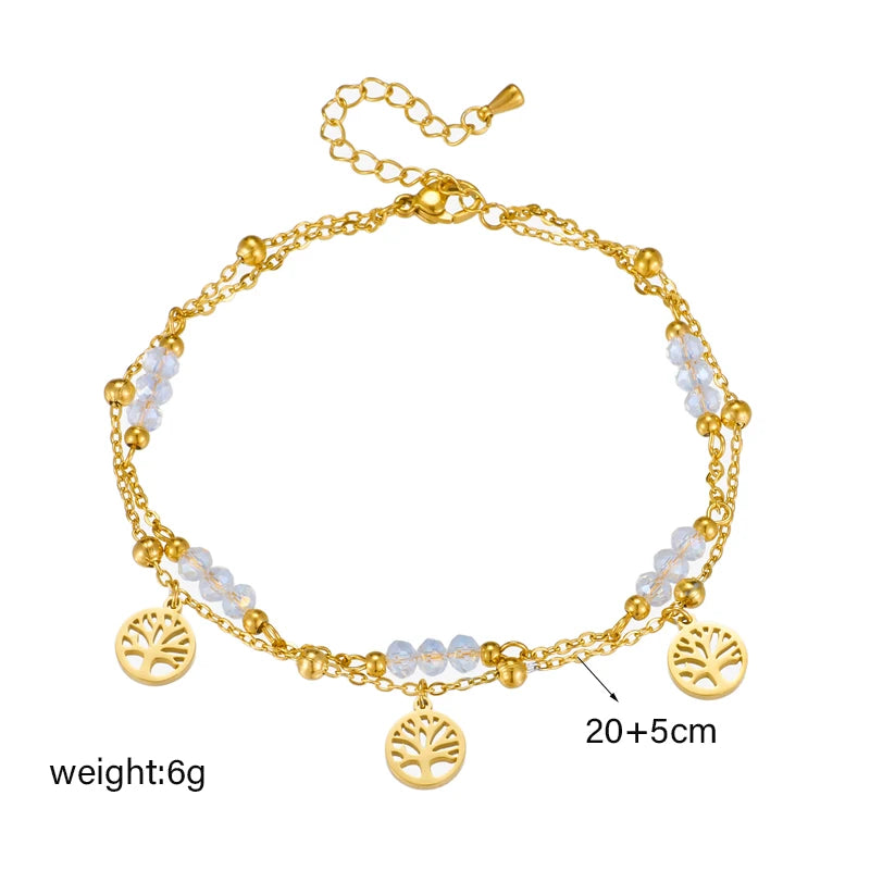 Dorelle - 
DIEYURO 316L Stainless Steel Gold Color Double Layer Tree Charm Anklets For Women Girl New Trend Leg Chain Waterproof Jewelry