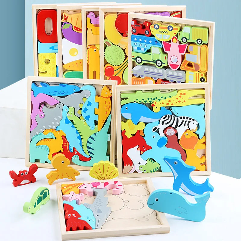 Children Montessori Wooden Toys Block Cartoon Animal Three-dimensional Jigsaw Puzzle Early Education Grab Board  3d Puzzle Toys