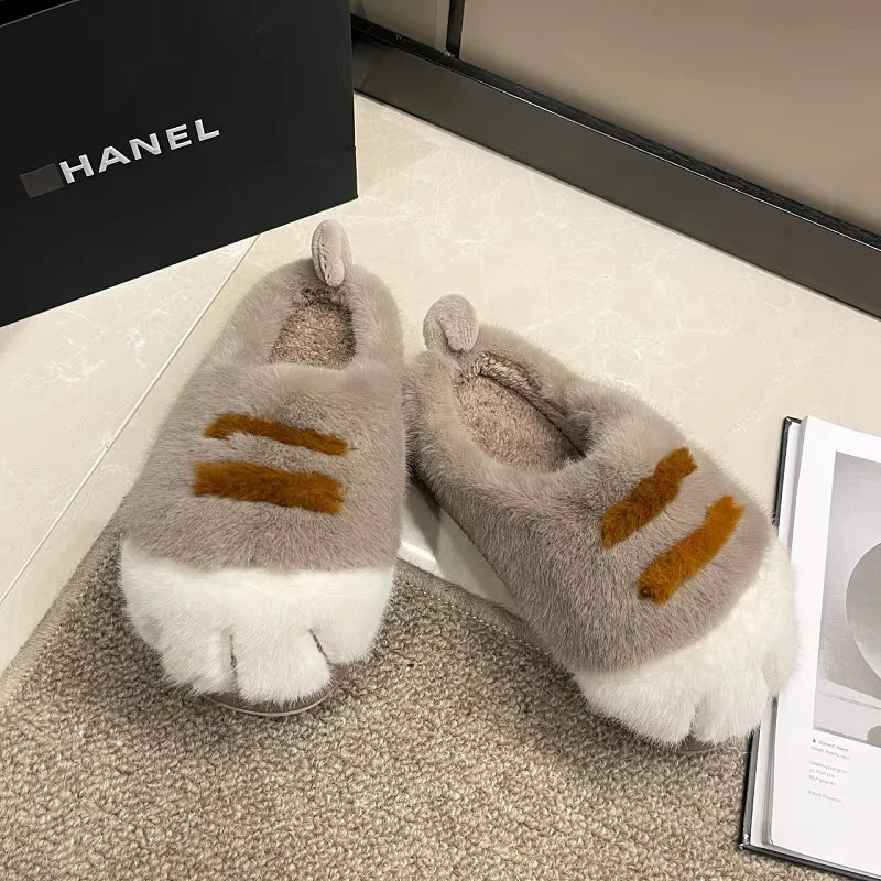 Adorable - Kitty Claw Slippers Women's Home Shoes Non Slip Furry Mules Female Fashion Warm Fluffy Slides Outdoor Cat Slippers