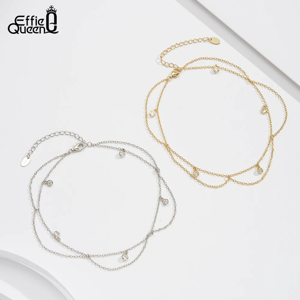 ECLIA - 
Effie Queen 925 Sterling Silver Round CZ Dangle Cable Chain Anklet for Women Sunflower Long Chain Foot Ankle Straps Jewelry SA72