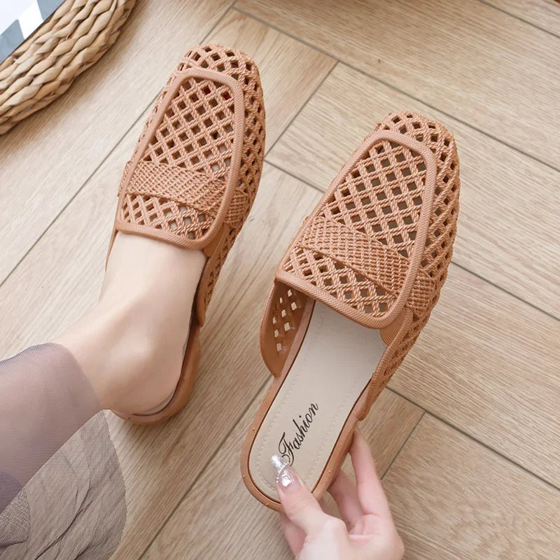 HALOVA - 
2025 New Women's Flat Sandals Open-Toe Summer Fashionable Half Slippers Solid Color Casual Hollow out Flat Bottom Shoes
