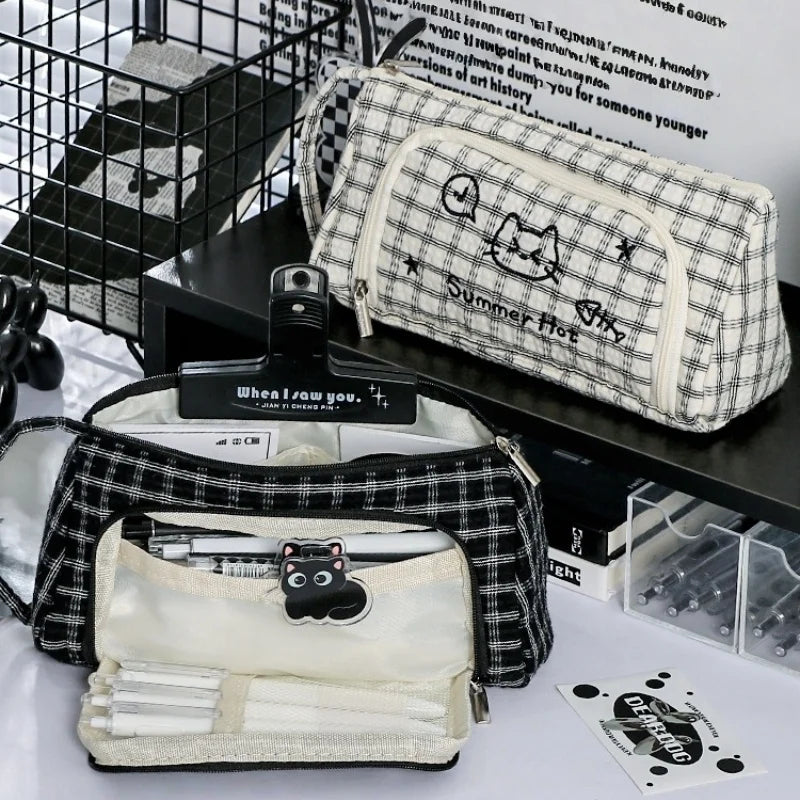 Cute Cat Mewo Plaid Handheld Pencil Case Large Capacity Durable Stationery Bag for School Office F7920