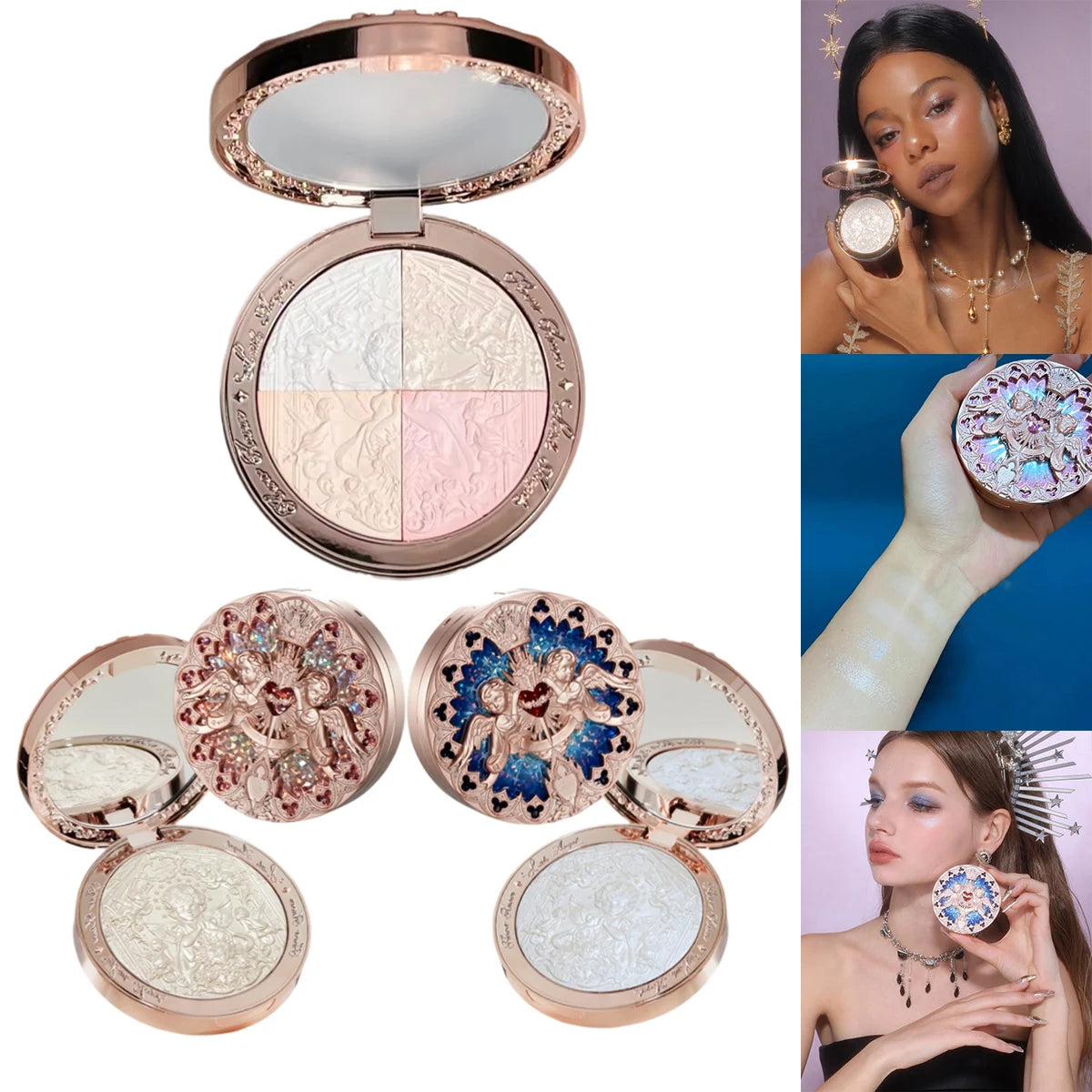 Angelique - 
Flower Knows Little Angel Embossed Face Highlighter Palette Diamond Glitter 3D Contour Waterproof Long-lasting Makeup Shimmer 8g