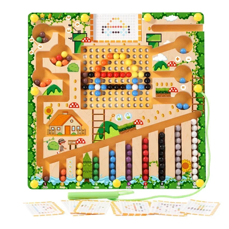 Montessori Magnetic Color Sorting Games Maze Board Pen Moving Bead Games Wooden Control Sensory Play Educational Toys for Kids
