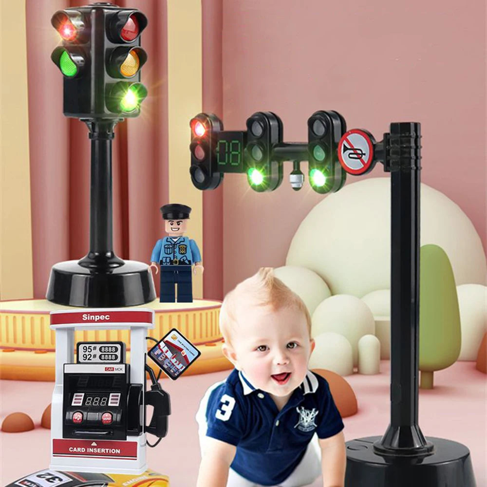 Safety Education Simulation Traffic Lights Toys Toddlers Signpost Gas Station Indicator Warning Car Model Kids Pretend Play Toys