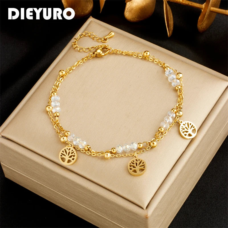 Dorelle - 
DIEYURO 316L Stainless Steel Gold Color Double Layer Tree Charm Anklets For Women Girl New Trend Leg Chain Waterproof Jewelry
