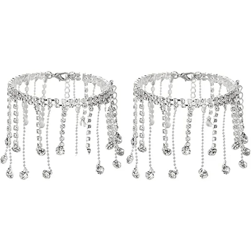 TASSERA - 
2pcs Boho Rhinestone Ankle Bracelet on leg Foot Jewelry for Women Drop Crystal Tassel Anklet High Heeled Tennis Foot Chain