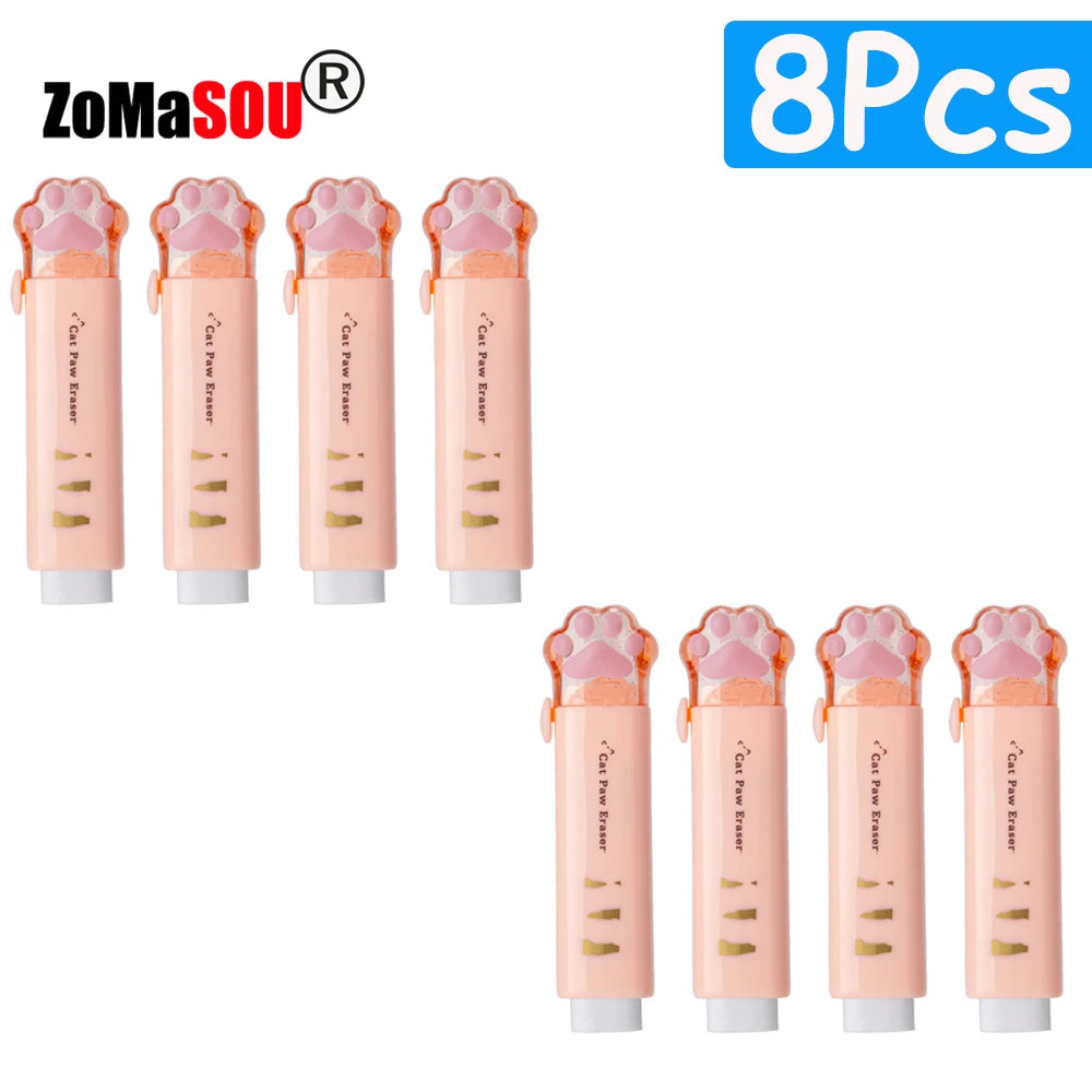 1-8Pcs New! Kawaii Cat Paw Rubber Erasers Retractable Pencil Eraser for Kids Students School Home Office Writing Drawing