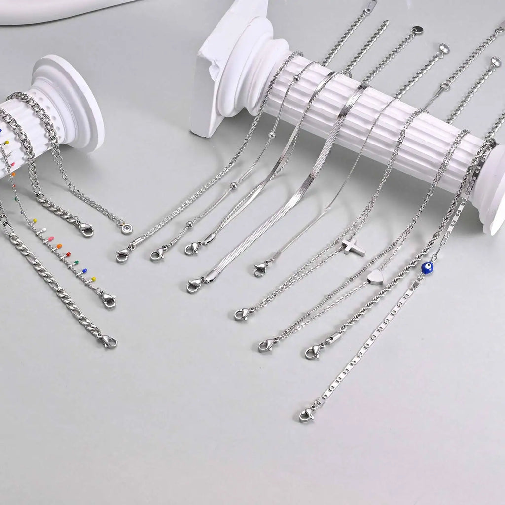 STÉLIA - 
Silver Color Anklet Bracelets for Women Waterproof, Stainless Steel Layered Cuban Chain Herringbone Anklets Summer Beach Gift