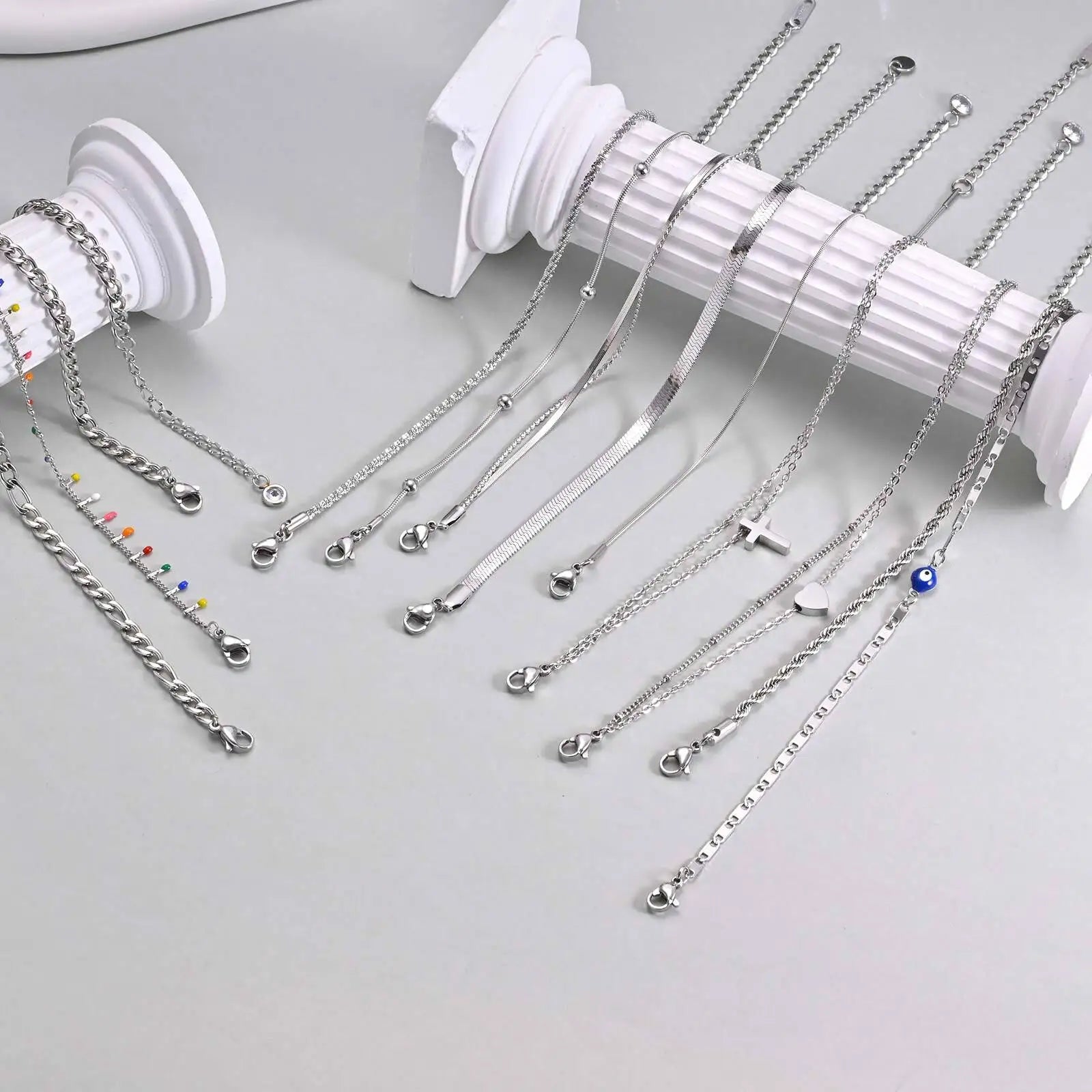 STÉLIA - 
Silver Color Anklet Bracelets for Women Waterproof, Stainless Steel Layered Cuban Chain Herringbone Anklets Summer Beach Gift