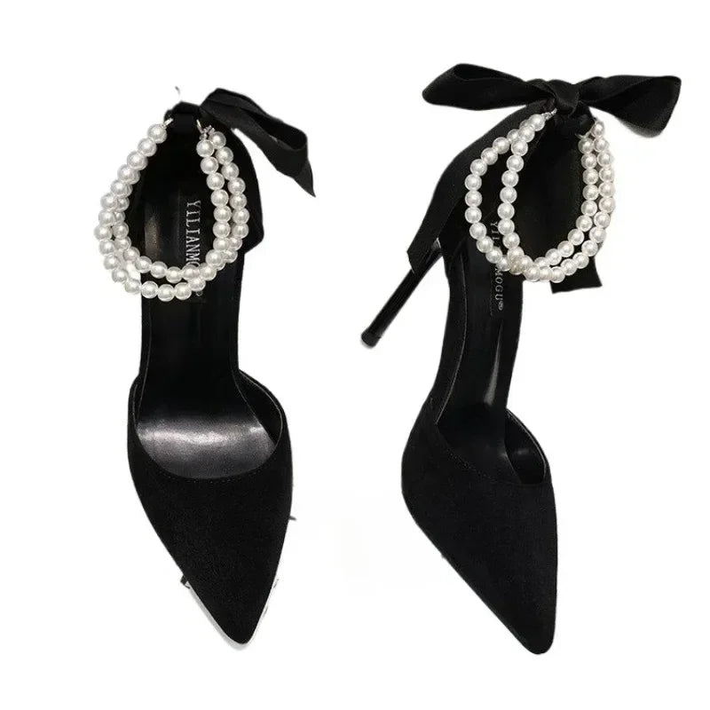 Brand  - Spring Women's Pumps Pointed Toe Solid Flock Beads Bow Tie Buckle Shallow Mouth Novelty High Heels