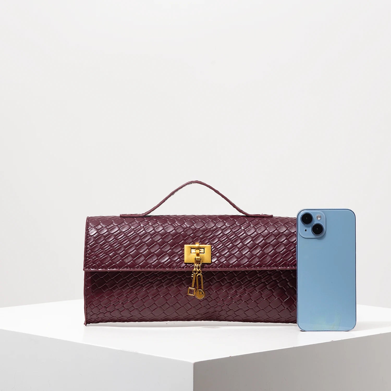 AMORA - 
Vintage Faux Leather Woven Baguette Bag, Flap Women's Clutch, Elegant Evening Bag, Burgundy Wallet, Women's Dress Party, Wedding Accessory (Random Pattern)